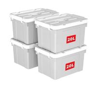 Cetomo 20L*4 Boîte de Rangement, Bac de rangement avec Poignée, Plastique Organisateur avec Couvercle, Empilable, Transportable, pour Vêtements, Bureau, Chambre, Dortoirs, Gris, 20L - Lot de 4