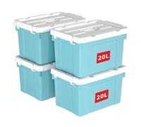 Cetomo 20L*4 Boîte de Rangement, Bac de rangement avec Poignée, Plastique Organisateur avec Couvercle, Empilable, Transportable, pour Vêtements, Bureau, Chambre, Dortoirs, Bleu, 20L - Lot de 4