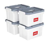 Cetomo 20L*4 Boîte de Rangement, Bac de rangement avec Poignée, Plastique Organisateur avec Couvercle, Empilable, Transportable, pour Vêtements, Bureau, Chambre, Dortoirs, Blanc, 20L - Lot de 4