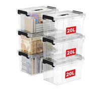 Cetomo 20L*6 Boîte de Rangement, Bac de rangement avec Poignée, Plastique Organisateur avec Couvercle, Empilable, Transportable, pour Vêtements, Bureau, Chambre, Dortoirs, Transparent, 20L - Lot de 6