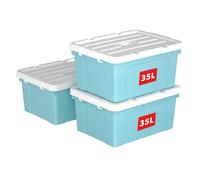 Cetomo 35L*3 Boîte de Rangement, Bac de rangement avec Poignée, Plastique Organisateur avec Couvercle, Empilable, Transportable, pour Vêtements, Bureau, Chambre, Dortoirs, Bleu, 35L - Lot de 3