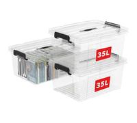Cetomo 35L*3 Boîte de Rangement, Bac de rangement avec Poignée, Plastique Organisateur avec Couvercle, Empilable, Transportable, pour Vêtements, Bureau, Chambre, Dortoirs, Transparent, 35L - Lot de 3