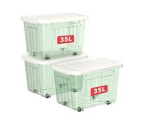 Cetomo 35L*3 Boîtes de Rangement avec Couvercles, Boîte de Rangement en Plastique avec Clips et Roulettes, Empilables, Encastrables, pour Placard de Bureau à Domicile, Vert Transparent, 35L, Lot de 3
