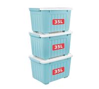 Cetomo 35L*3 Boîtes de Rangement avec Couvercles, Boîte de Rangement en Plastique avec Clips et Roulettes, Empilables, Encastrables, pour Placard de Bureau à Domicile, Bleu, 35L, Lot de 3