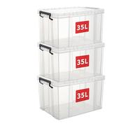 Cetomo 35L*3 Boîtes de rangement, boîte empilable avec couvercles, contenant robuste avec coins renforcés, côtés verticaux et verrouillage à pression, durable, en plastique, transparent,35L - lot de 3