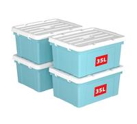 Cetomo 35L*4 Boîte de Rangement, Bac de rangement avec Poignée, Plastique Organisateur avec Couvercle, Empilable, Transportable, pour Vêtements, Bureau, Chambre, Dortoirs, Bleu, 35L - Lot de 4