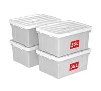 Cetomo 35L*4 Boîte de Rangement, Bac de rangement avec Poignée, Plastique Organisateur avec Couvercle, Empilable, Transportable, pour Vêtements, Bureau, Chambre, Dortoirs, Gris, 35L - Lot de 4