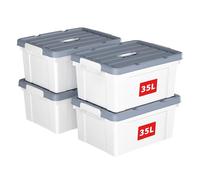 Cetomo 35L*4 Boîte de Rangement, Bac de rangement avec Poignée, Plastique Organisateur avec Couvercle, Empilable, Transportable, pour Vêtements, Bureau, Chambre, Dortoirs, Blanc, 35L - Lot de 4
