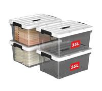 Cetomo 35L*4 Boîte de Rangement, Bac de rangement avec Poignée, Plastique Organisateur avec Couvercle, Empilable, Transportable, pour Vêtements, Bureau, Dortoirs, Transparent Noir, 35L - Lot de 4