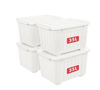 Cetomo 35L*4 Boîtes de Rangement avec Couvercles, Boîte de Rangement en Plastique avec Clips et Roulettes, Empilables, Encastrables, pour Placard de Bureau à Domicile, Blanc, 35L, Lot de 4