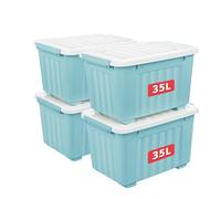 Cetomo 35L*4 Boîtes de Rangement avec Couvercles, Boîte de Rangement en Plastique avec Clips et Roulettes, Empilables, Encastrables, pour Placard de Bureau à Domicile, Bleu, 35L, Lot de 4