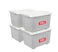 Cetomo 35L*4 Boîtes de Rangement avec Couvercles, Boîte de Rangement en Plastique avec Clips et Roulettes, Empilables, Encastrables, pour Placard de Bureau à Domicile, Gris, 35L, Lot de 4