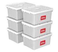 Cetomo 35L*6 Boîte de Rangement, Bac de rangement avec Poignée, Plastique Organisateur avec Couvercle, Empilable, Transportable, pour Vêtements, Bureau, Chambre, Dortoirs, Gris, 35L - Lot de 6