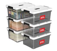 Cetomo 35L*6 Boîte de Rangement, Bac de rangement avec Poignée, Plastique Organisateur avec Couvercle, Empilable, Transportable, pour Vêtements, Bureau, Dortoirs, Transparent Noir, 35L - Lot de 6