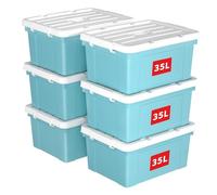 Cetomo 35L*6 Boîte de Rangement, Bac de rangement avec Poignée, Plastique Organisateur avec Couvercle, Empilable, Transportable, pour Vêtements, Bureau, Chambre, Dortoirs, Bleu, 35L - Lot de 6