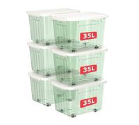 Cetomo 35L*6 Boîtes de Rangement avec Couvercles, Boîte de Rangement en Plastique avec Clips et Roulettes, Empilables, Encastrables, pour Placard de Bureau à Domicile, Vert Transparent, 35L, Lot de 6