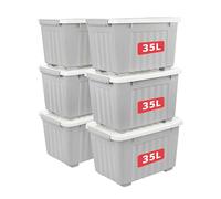 Cetomo 35L*6 Boîtes de Rangement avec Couvercles, Boîte de Rangement en Plastique avec Clips et Roulettes, Empilables, Encastrables, pour Placard de Bureau à Domicile, Gris, 35L, Lot de 6