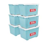 Cetomo 35L*6 Boîtes de Rangement avec Couvercles, Boîte de Rangement en Plastique avec Clips et Roulettes, Empilables, Encastrables, pour Placard de Bureau à Domicile, Bleu, 35L, Lot de 6