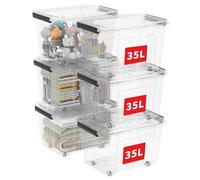 Cetomo 35L*6 Boîtes de Rangement avec Couvercles, Boîte de Rangement en Plastique avec Clips et Roulettes, Empilables, Encastrables, pour Placard de Bureau à Domicile, Transparent, 35L, Lot de 6