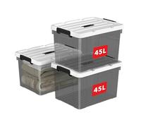 Cetomo 45L*3 Boîte de Rangement, Bac de rangement avec Poignée, Plastique Organisateur avec Couvercle, Empilable, Transportable, pour Vêtements, Bureau, Dortoirs, Transparent Noir, 45L - Lot de 3