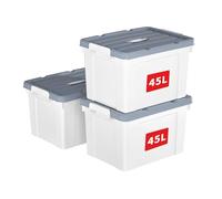 Cetomo 45L*3 Boîte de Rangement, Bac de rangement avec Poignée, Plastique Organisateur avec Couvercle, Empilable, Transportable, pour Vêtements, Bureau, Chambre, Dortoirs, Blanc, 45L - Lot de 3