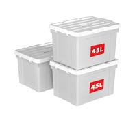 Cetomo 45L*3 Boîte de Rangement, Bac de rangement avec Poignée, Plastique Organisateur avec Couvercle, Empilable, Transportable, pour Vêtements, Bureau, Chambre, Dortoirs, Gris, 45L - Lot de 3