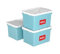Cetomo 45L*3 Boîte de Rangement, Bac de rangement avec Poignée, Plastique Organisateur avec Couvercle, Empilable, Transportable, pour Vêtements, Bureau, Chambre, Dortoirs, Bleu, 45L - Lot de 3