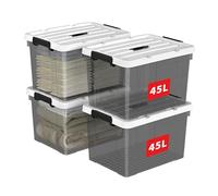 Cetomo 45L*4 Boîte de Rangement, Bac de rangement avec Poignée, Plastique Organisateur avec Couvercle, Empilable, Transportable, pour Vêtements, Bureau, Dortoirs, Transparent Noir, 45L - Lot de 4
