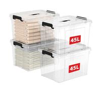 Cetomo 45L*4 Boîte de Rangement, Bac de rangement avec Poignée, Plastique Organisateur avec Couvercle, Empilable, Transportable, pour Vêtements, Bureau, Chambre, Dortoirs, Transparent, 45L - Lot de 4