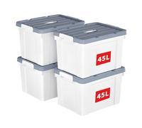 Cetomo 45L*4 Boîte de Rangement, Bac de rangement avec Poignée, Plastique Organisateur avec Couvercle, Empilable, Transportable, pour Vêtements, Bureau, Chambre, Dortoirs, Blanc, 45L - Lot de 4