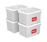 Cetomo 45L*4 Boîte de Rangement, Bac de rangement avec Poignée, Plastique Organisateur avec Couvercle, Empilable, Transportable, pour Vêtements, Bureau, Chambre, Dortoirs, Gris, 45L - Lot de 4
