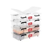 Cetomo 50L*4 Boîtes de Rangement avec Roues, Conteneur de Rangement Sous le Lit avec Couvercles à Double Ouverture, Boîte d'organisation pour Chambre à Coucher, Superposable, PP, Clair, 50L, Lot de 4