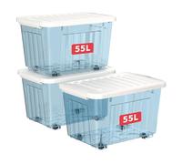 Cetomo 55L*3 Boîtes de Rangement avec Couvercles, Boîte de Rangement en Plastique avec Clips et Roulettes, Empilables, Encastrables, pour Placard de Bureau à Domicile, Bleu Transparent, 55L, Lot de 3