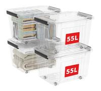 Cetomo 55L*4 Boîtes de Rangement avec Couvercles, Boîte de Rangement en Plastique avec Clips et Roulettes, Empilables, Encastrables, pour Placard de Bureau à Domicile, Transparent, 55L, Lot de 4