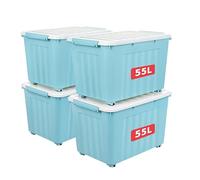 Cetomo 55L*4 Boîtes de Rangement avec Couvercles, Boîte de Rangement en Plastique avec Clips et Roulettes, Empilables, Encastrables, pour Placard de Bureau à Domicile, Bleu, 55L, Lot de 4