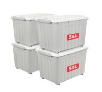 Cetomo 55L*4 Boîtes de Rangement avec Couvercles, Boîte de Rangement en Plastique avec Clips et Roulettes, Empilables, Encastrables, pour Placard de Bureau à Domicile, Gris, 55L, Lot de 4
