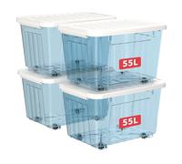 Cetomo 55L*4 Boîtes de Rangement avec Couvercles, Boîte de Rangement en Plastique avec Clips et Roulettes, Empilables, Encastrables, pour Placard de Bureau à Domicile, Bleu Transparent, 55L, Lot de 4