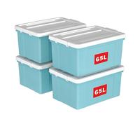 Cetomo 65L*4 Boîte de Rangement, Bac de rangement avec Poignée, Plastique Organisateur avec Couvercle, Empilable, Transportable, pour Vêtements, Bureau, Chambre, Dortoirs, Bleu, 65L - Lot de 4