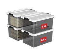Cetomo 65L*4 Boîte de Rangement, Bac de rangement avec Poignée, Plastique Organisateur avec Couvercle, Empilable, Transportable, pour Vêtements, Bureau, Dortoirs, Transparent Noir, 65L - Lot de 4