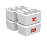 Cetomo 65L*4 Boîte de Rangement, Bac de rangement avec Poignée, Plastique Organisateur avec Couvercle, Empilable, Transportable, pour Vêtements, Bureau, Chambre, Dortoirs, Gris, 65L - Lot de 4