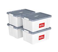 Cetomo 65L*4 Boîte de Rangement, Bac de rangement avec Poignée, Plastique Organisateur avec Couvercle, Empilable, Transportable, pour Vêtements, Bureau, Chambre, Dortoirs, Blanc, 65L - Lot de 4