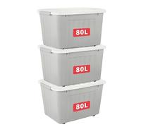 Cetomo 80L*3 Boîtes de Rangement avec Couvercles, Boîte de Rangement en Plastique avec Clips et Roulettes, Empilables, Encastrables, pour Placard de Bureau à Domicile, Gris, 80L, Lot de 3