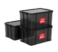 Cetomo 80L*3 Boîtes de rangement, boîte empilable avec couvercles, contenant robuste avec coins renforcés, côtés verticaux et verrouillage à pression, durable, en plastique, Noir clair,80L - lot de 3