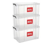 Cetomo 80L*3 Boîtes de rangement, boîte empilable avec couvercles, contenant robuste avec coins renforcés, côtés verticaux et verrouillage à pression, durable, en plastique, transparent,80L - lot de 3