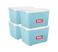 Cetomo 80L*4 Boîtes de Rangement avec Couvercles, Boîte de Rangement en Plastique avec Clips et Roulettes, Empilables, Encastrables, pour Placard de Bureau à Domicile, Bleu, 80L, Lot de 4