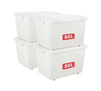 Cetomo 80L*4 Boîtes de Rangement avec Couvercles, Boîte de Rangement en Plastique avec Clips et Roulettes, Empilables, Encastrables, pour Placard de Bureau à Domicile, Blanc, 80L, Lot de 4