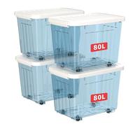 Cetomo 80L*4 Boîtes de Rangement avec Couvercles, Boîte de Rangement en Plastique avec Clips et Roulettes, Empilables, Encastrables, pour Placard de Bureau à Domicile, Bleu Transparent, 80L, Lot de 4