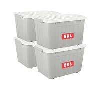 Cetomo 80L*4 Boîtes de Rangement avec Couvercles, Boîte de Rangement en Plastique avec Clips et Roulettes, Empilables, Encastrables, pour Placard de Bureau à Domicile, Gris, 80L, Lot de 4