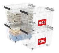Cetomo 80L*4 Boîtes de Rangement avec Couvercles, Boîte de Rangement en Plastique avec Clips et Roulettes, Empilables, Encastrables, pour Placard de Bureau à Domicile, Transparent, 80L, Lot de 4