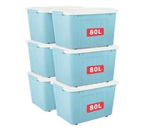 Cetomo 80L*6 Boîtes de Rangement avec Couvercles, Boîte de Rangement en Plastique avec Clips et Roulettes, Empilables, Encastrables, pour Placard de Bureau à Domicile, Bleu, 80L, Lot de 6